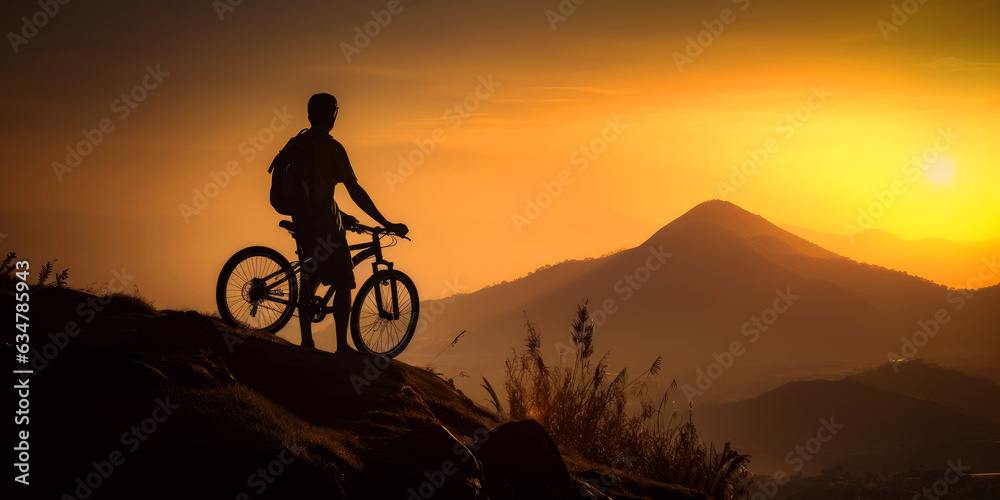 Obraz premium A man cycling on a mountain peak. A man riding a bike on top of a mountain