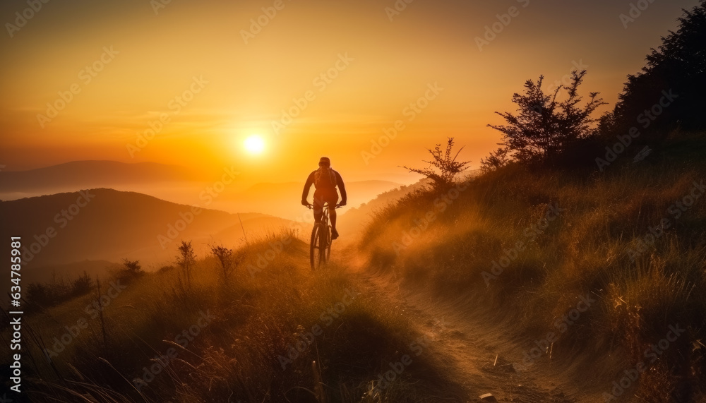 Man riding a bike on a trail at sunset. A man riding a bike on a scenic dirt road
