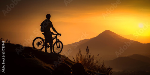 A man cycling on a mountain peak. A man riding a bike on top of a mountain