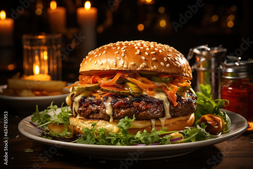 Beef burger with cheese, tomatoes, red onions, cucumber and lettuce on black slate over dark background