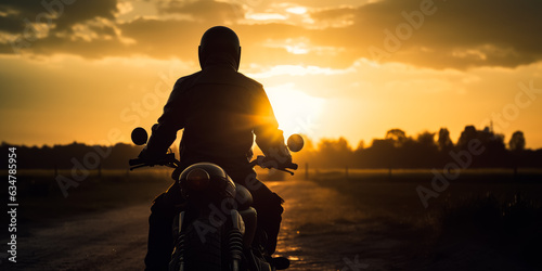 Man riding a motorcycle on a dirt road at sunset. A person riding a motorcycle on a dirt road © Vadim