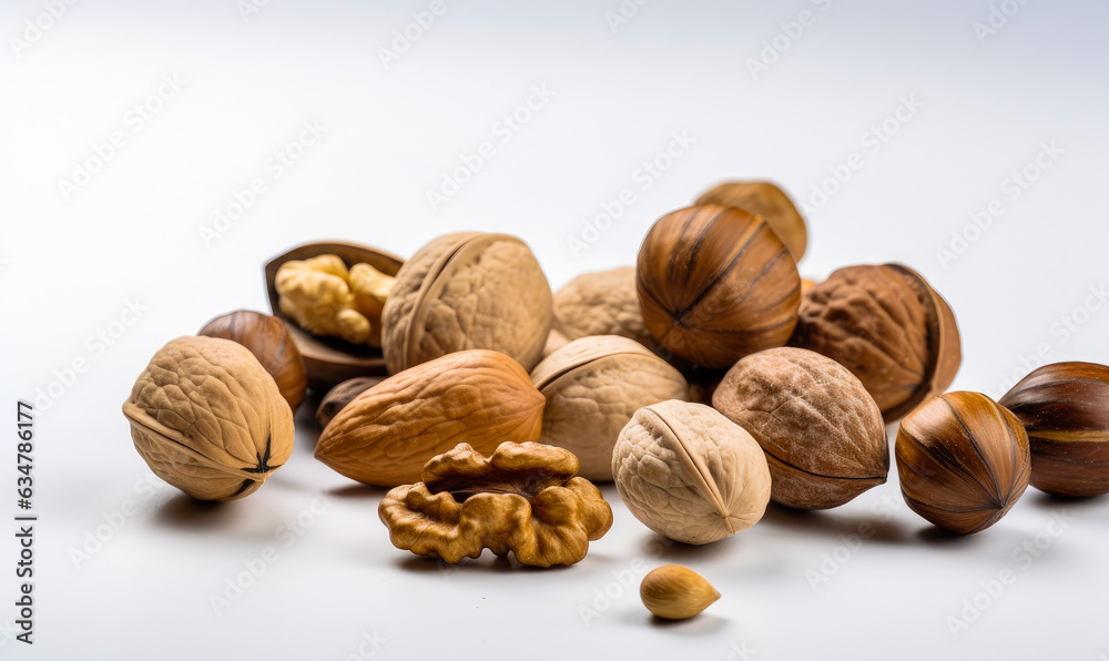 Many different kinds of nuts on a white surface. A pile of nuts sitting on top of a white table Many different kinds of nuts on a white surface. A pile of nuts sitting on top of a white table