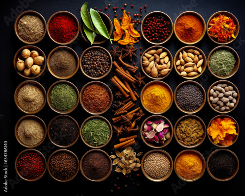 Various spices displayed in colorful bowls. A group of bowls filled with different types of spices