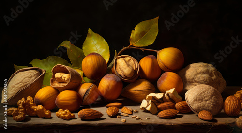 Nuts and nutshells on a table with a bowl of nuts in the background. A bunch of nuts sitting on top of a table