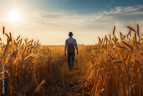 a farmer walks in a sunny field