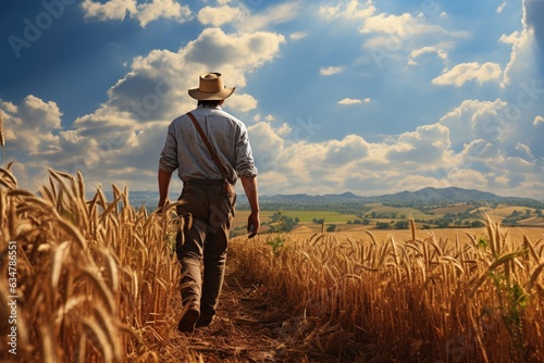 a farmer walks in a sunny field