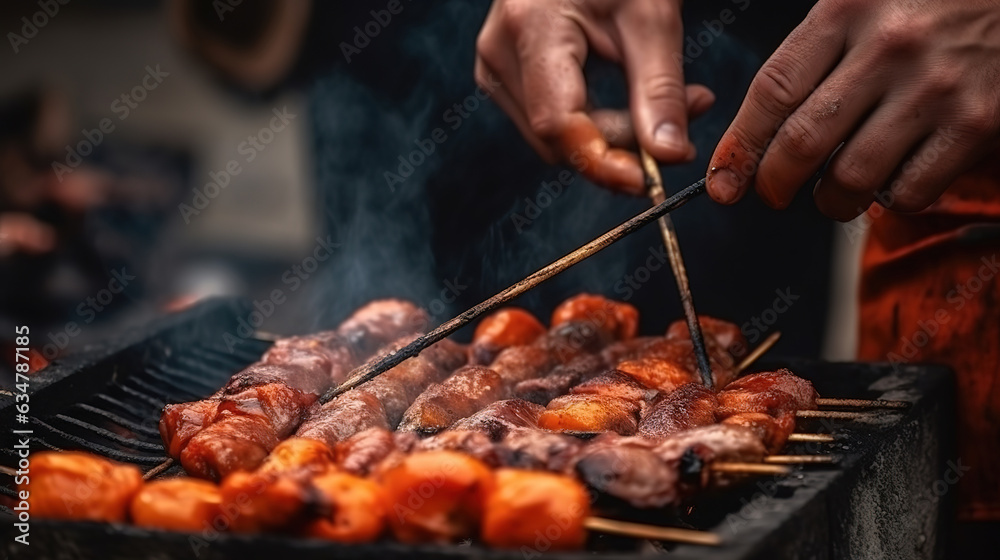 a man roasts meat on a fire. Close-up of hands and shish kebab. Generative Ai