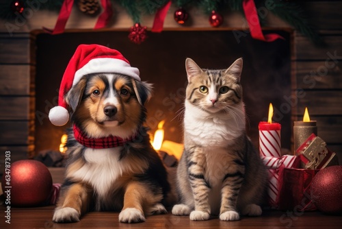 cat and dog wearing adorable Santa Claus outfits while sitting side by side next to a festively adorned fireplace 