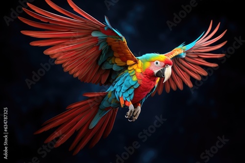 Colorful Parrot in Mid-Flight with Feathers Aflutter