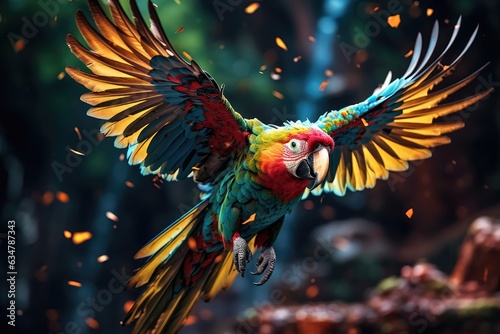 Colorful Parrot in Mid-Flight with Feathers Aflutter