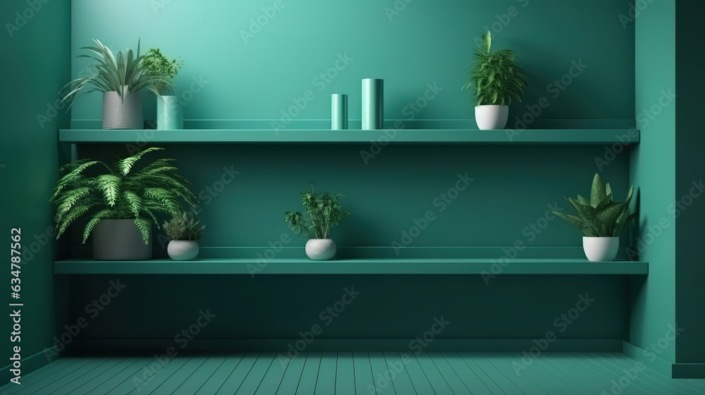 Minimal wall with angel vine plant and wooden shelf. Generative Ai Minimal wall with angel vine plant and wooden shelf. Generative Ai