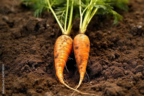 Carrots on soil with morning time in the garden background.Generative Ai.