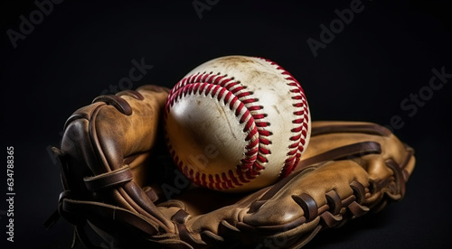 The Elegance of Baseball Resting in a Glove on black background. Generative AI