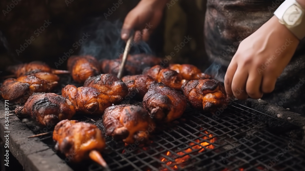 whole chicken smoked in electric bbq smoker, Barbecue Mauritius, May 1, labor day. Generative Ai