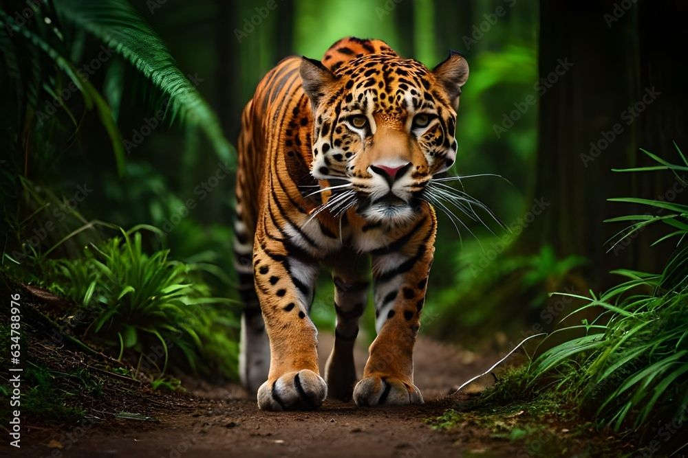 Fototapeta premium Jaguar running in the tropical green forest generated by AI tool