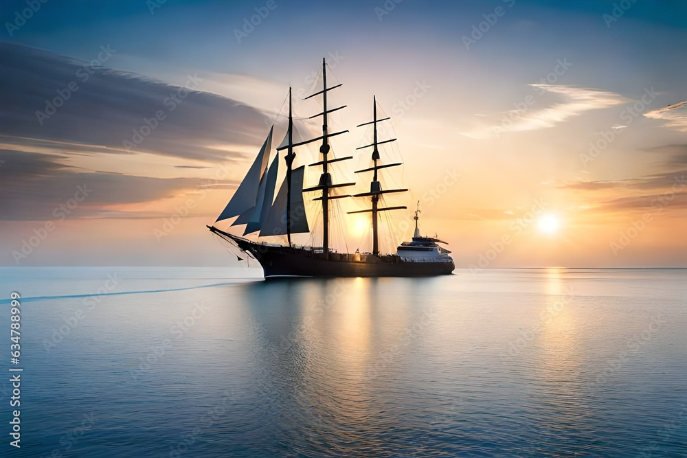 A ship in a ocean and sunset in blue sky with flying birds generated by AI tool