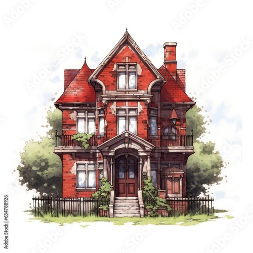 House anime style, House red brick white background high quality ai image generated