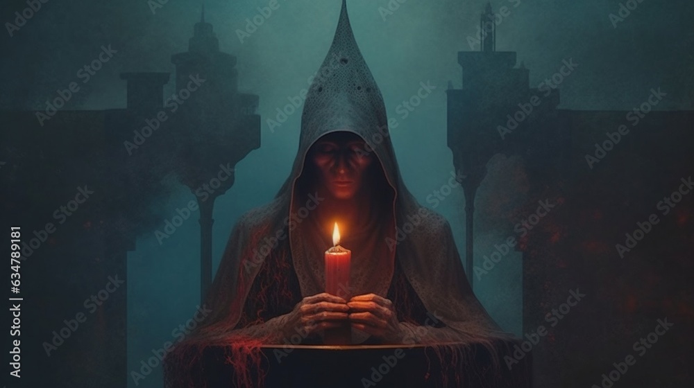 cultist with candle burning on top of head by Mike Mig.Generative AI - obrazy, fototapety, plakaty 
