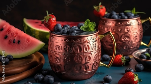 contadino nell'orto, Patriotic Moscow Mule cocktail with watermelon and blueberry. Generative Ai photo