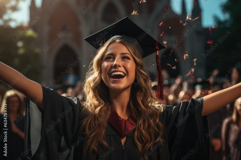 Obraz premium Proud Graduate Throwing Graduation Cap in the Air