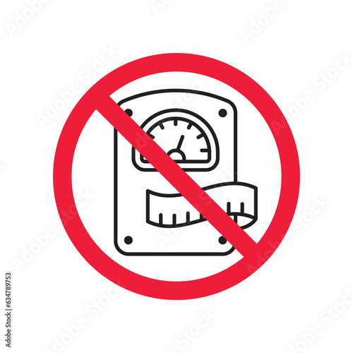 Prohibited scale weight vector icon. No scale weight icon. Forbidden scale weight  icon. No scale sign. Warning, caution, attention, restriction, danger flat sign design symbol pictogram