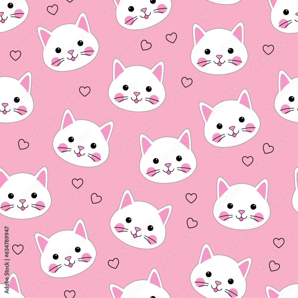 Seamless pattern with cute cats on pink background. Vector illustration. Texture for print, textile, packaging.