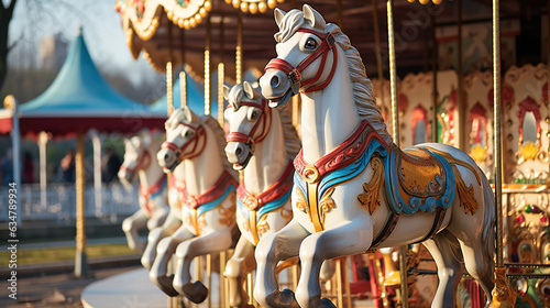 Ride into Delight: Horses Adorn the Big Roundabout at the Amusement Park. Generative AI