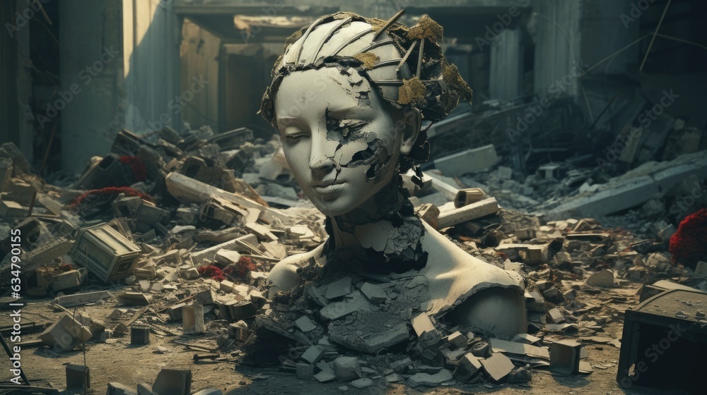 Female bust sculpture broken and cracked into shattered pieces, war torn city ruin, destroyed building, emotional distress, depressing decay, art installation - generative AI	
