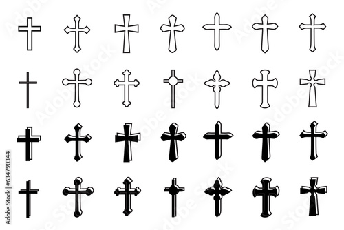 Decorative crucifix religion catholic symbol, Christian crosses. orthodox faith church cross icons design, isolated flat set. vector illustration.