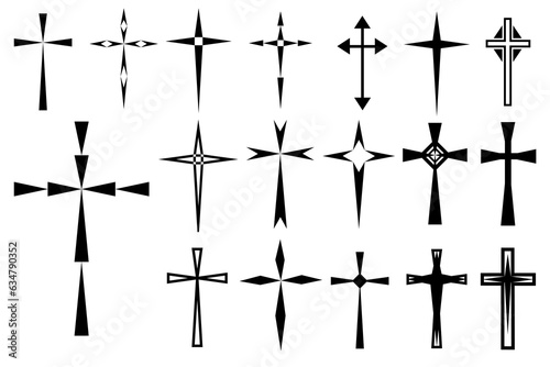 Decorative crucifix religion catholic symbol, Christian crosses. orthodox faith church cross icons design, isolated flat set. vector illustration.