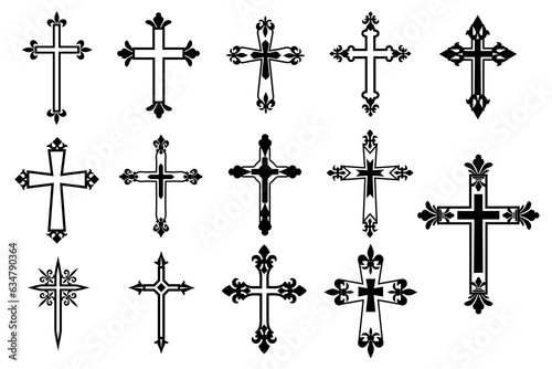 Decorative crucifix religion catholic symbol, Christian crosses. orthodox faith church cross icons design, isolated flat set. vector illustration.