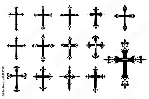 Decorative crucifix religion catholic symbol, Christian crosses. orthodox faith church cross icons design, isolated flat set. vector illustration.