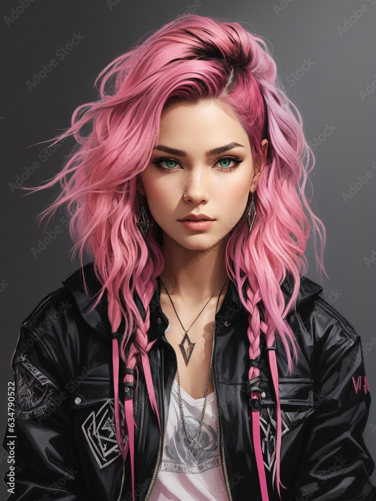 Pink sidecut haire, postpunk girl on dark background