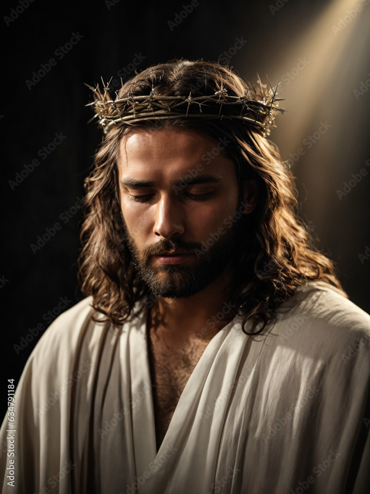 Jesus In Robe And Crown Jesus Christ with crown of thorns wearing a white robe. Stock ...