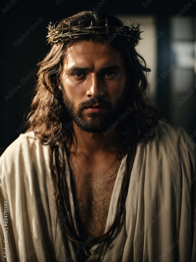 Jesus In Robe And Crown Jesus Christ with crown of thorns wearing a white robe. Stock ...