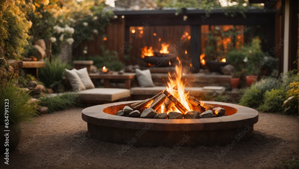 a fire pit on the luxury patio in the backyard - obrazy, fototapety, plakaty 