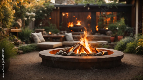 a fire pit on the luxury patio in the backyard