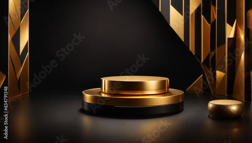 Gold podium on dark abstract look background empty space Platform for product promotion
