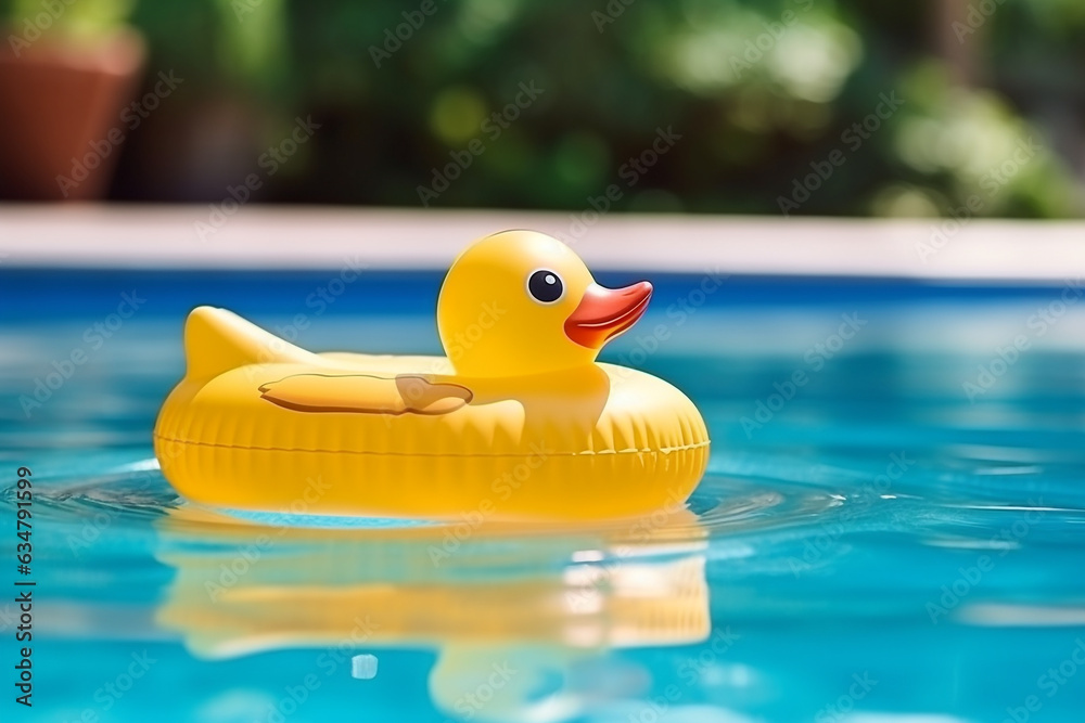 Rubber ring duck shaped float in a pool.Generative Ai. Rubber ring duck shaped float in a pool.Generative Ai.
