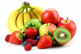 Mixed fruit, orange, banana,kiwi,apple, berry, avocado, strawberry isolated on white background.Generative Ai.