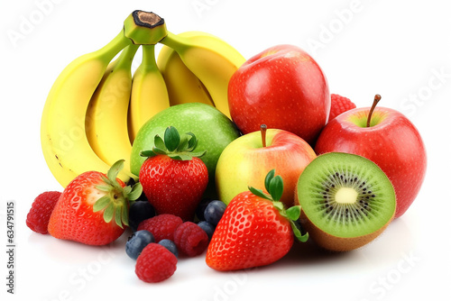 Mixed fruit, orange, banana,kiwi,apple, berry, avocado, strawberry isolated on white background.Generative Ai.