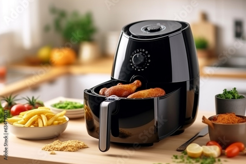 Air fryer on wooden table in modern kitchen.Generative Ai.