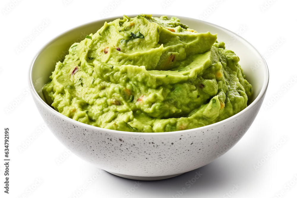 Fresh avocado with guacamole bowl isolated on white background .Generative Ai. Fresh avocado with guacamole bowl isolated on white background .Generative Ai.