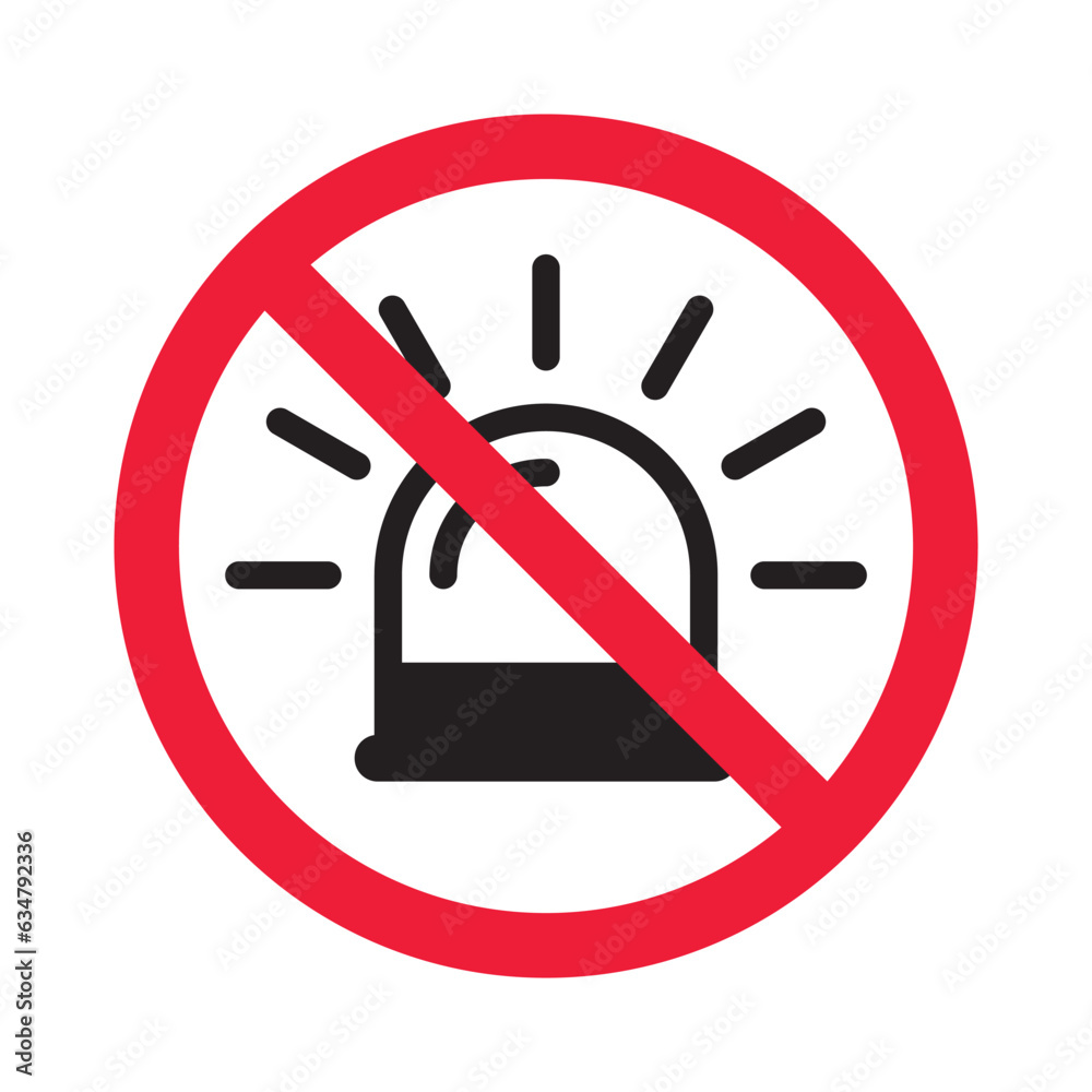 Prohibited siren vector icon. No police icon. Forbidden siren light icon. No police siren sign. Warning, caution, attention, restriction, danger flat sign design symbol pictogram Prohibited siren vector icon. No police icon. Forbidden siren light icon. No police siren sign. Warning, caution, attention, restriction, danger flat sign design symbol pictogram