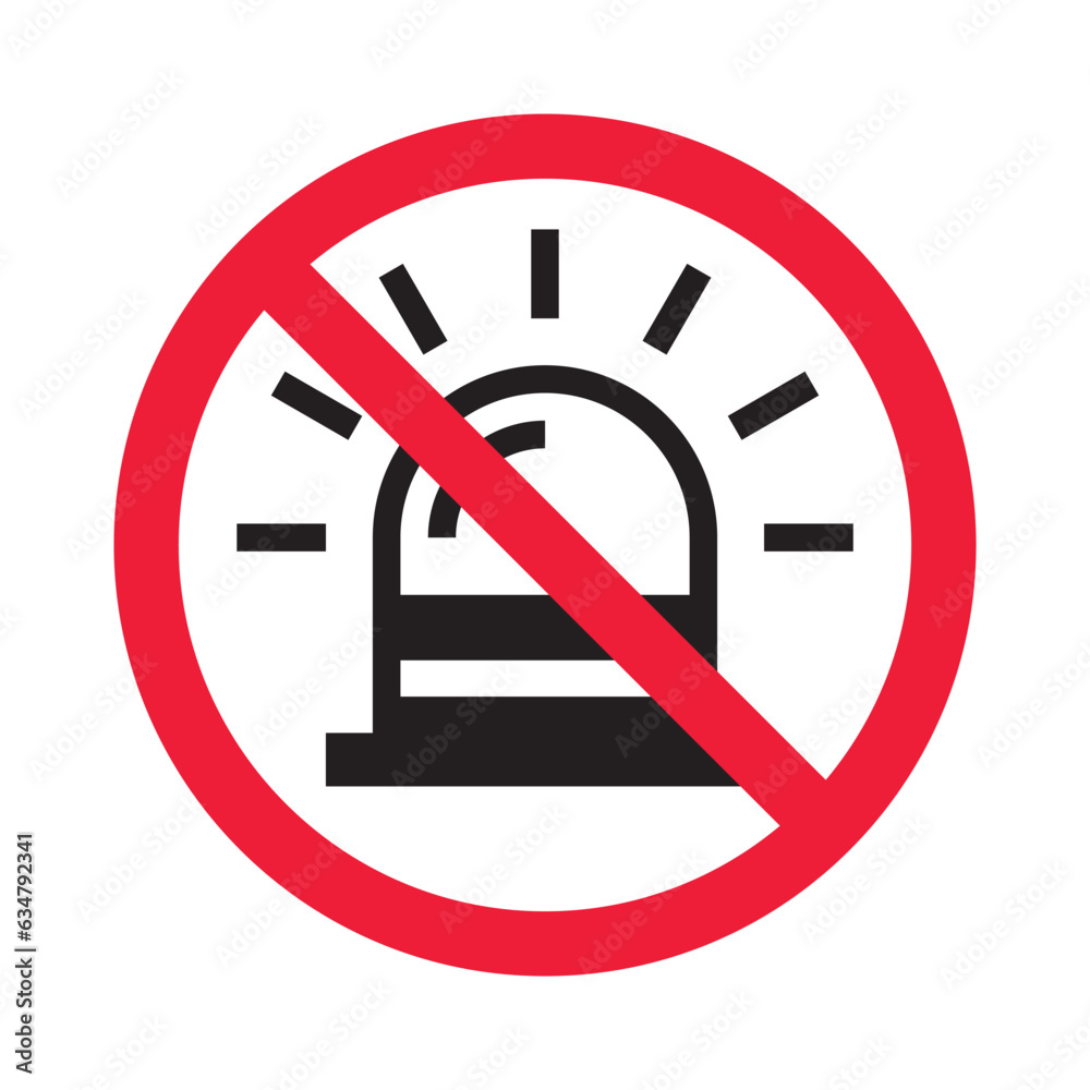 Prohibited siren vector icon. No police icon. Forbidden siren light icon. No police siren sign. Warning, caution, attention, restriction, danger flat sign design symbol pictogram Prohibited siren vector icon. No police icon. Forbidden siren light icon. No police siren sign. Warning, caution, attention, restriction, danger flat sign design symbol pictogram