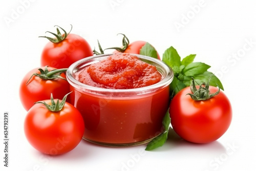 Fresh tomatoes with ketchup isolated on white background.Generative Ai.