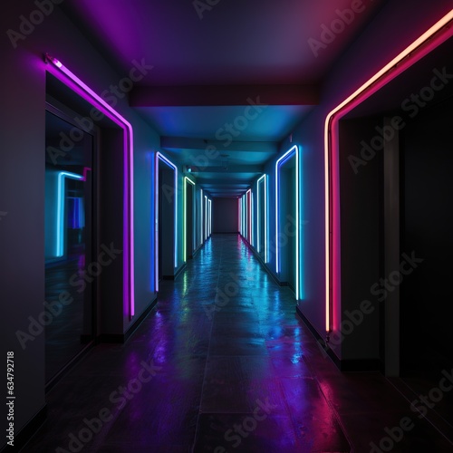 Futuristic corridor with glowing neon lights. 3D Rendering