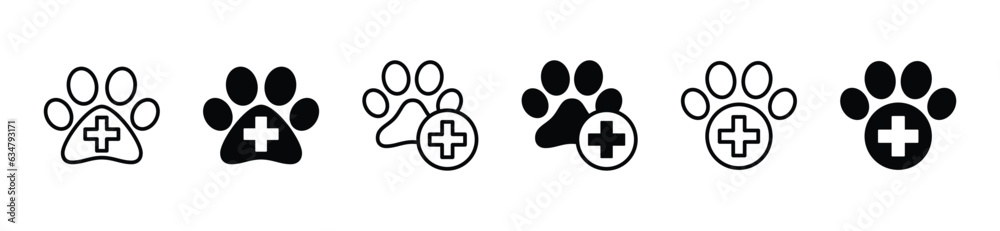 Animal and Pet hospital or clinic icons vector. Veterinary hospital, dog and cat paw with red cross icon symbol in line and flat style. Medical care vector illustration - obrazy, fototapety, plakaty 