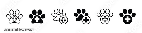 Animal and Pet hospital or clinic icons vector. Veterinary hospital, dog and cat paw with red cross icon symbol in line and flat style. Medical care vector illustration