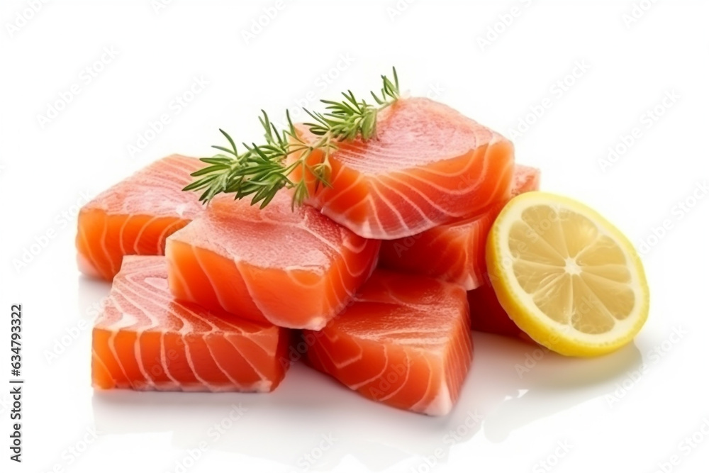 Salmon diced with lemon isolate on white background.Generative Ai.